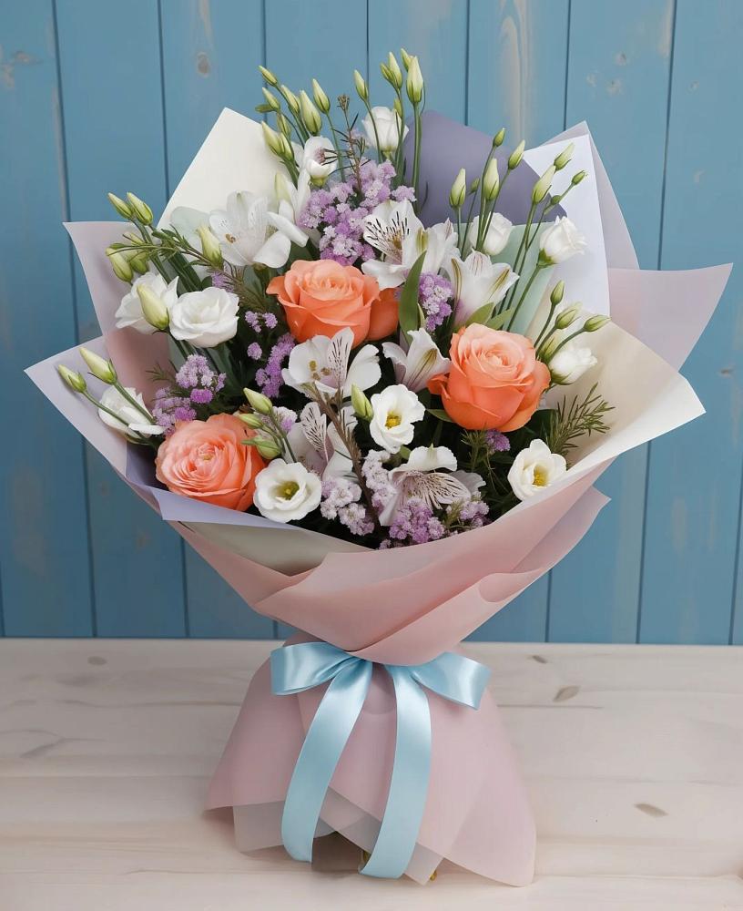 Букет цветов из: Лизиантусы, Розы, Альстромерии и Гипсофила в Новый Уоян