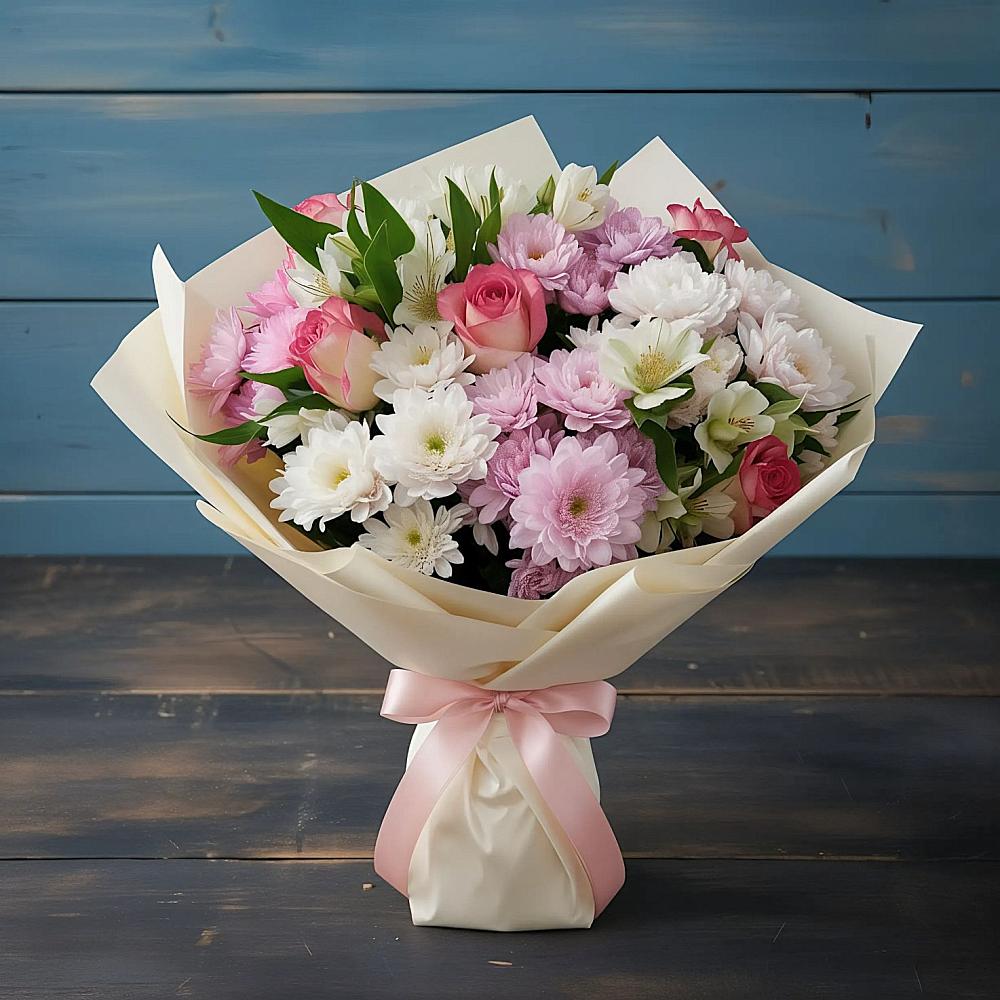 Букет цветов из: Хризантемы, Альстромерии и Розы в Новый Уоян